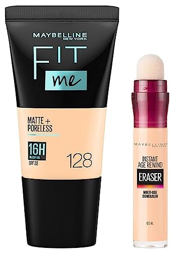 Image of Maybelline New York Instant Age Rewind Medium Concealer, Ivory, 6G And New York Fit Me Matte+Poreless Liquid Foundation Tube,Oily Skin, 128 Warm Nude, 18Ml, 2 count