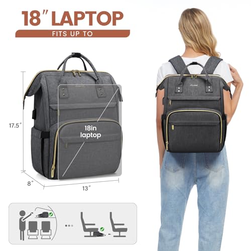 Image of LOVEVOOK Laptop Backpack for Women,18 Inch Professional Womens Travel Backpack Purse Computer Laptop Bag Nurse Teacher Backpack,Waterproof College Work Bags Carry on Back Pack with USB Port,Dark Grey