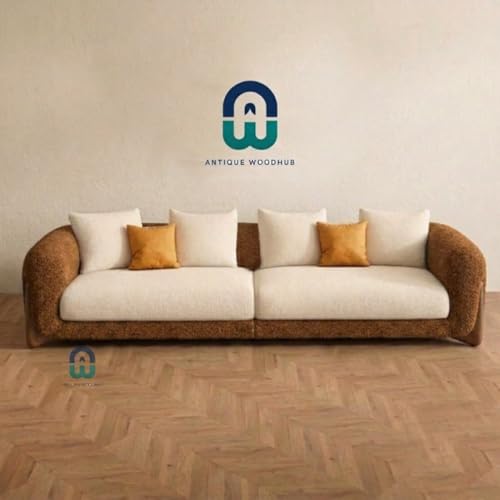 Image of Modern Sofa, Teddy Fabric, Chesterfield Style, Wooden Legs, for Living Room, Bedroom, Hallways (Brown-Off White, 3+1+Ottoman)
