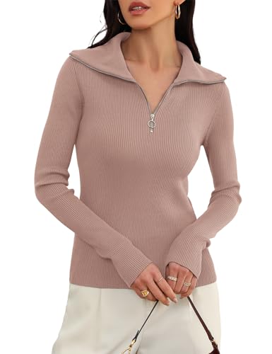 Prettywear Women's 2024 V Neck Knit Sweater Long Sleeve Quarter Zip Up Pullover Shirts Slim Fitted Work Tops Fall Winter(Taupe,M)