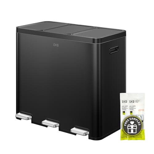EKO Essential Mülleimer 3 Fächer, 3 x 20 Liter, Mülltrennsystem Küchentretmülleimer, inklusive 20 Müllsäcke, Großraum Abfalleimer mit Deckel, sanftem Schließen und luftdicht, Mattschwarz Edelstahl