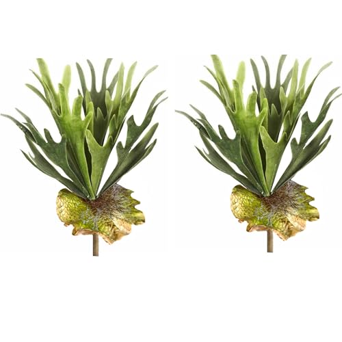 Angel Isabella USA-Set of 2 Premium Quality 13inch Faux Staghorn Fern Bush Frosted Green Foliage 13 Leaves