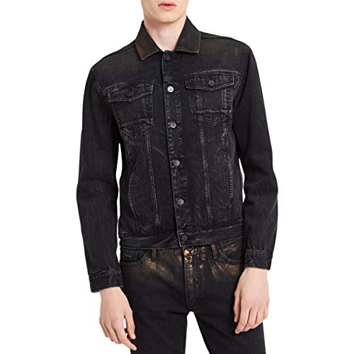 Calvin Klein Mens Distressed Copper Denim Jacket, Black, Large
