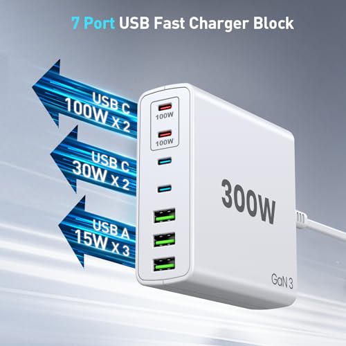 USB C 300W Fast Charging Station – 7-Port Hub with Dual 100W PD Ports for MacBook Pro, Dell, HP, iPad, iPhone, Samsung Galaxy, Android Devices – Universal Power Adapter for Laptops, Tablets, Phones
