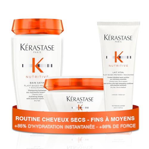 KÉRASTASE Nutritive - Routine Cheveux Secs, Fins à Moyens - Shampoing Bain Satin + Après-Shampoing Lait Vital + Masque Cheveux Masquintense - Apporte des...