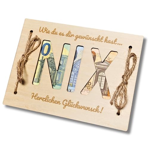 Geldgeschenk Nichts, NIX | Lustige Geschenke für Männer und Frauen | Geschenk für Geburtstag, Hochzeit, Reise| Für alle die Sich Nichts wünschen | Geldgeschenk Verpackung aus Holz (NIX)