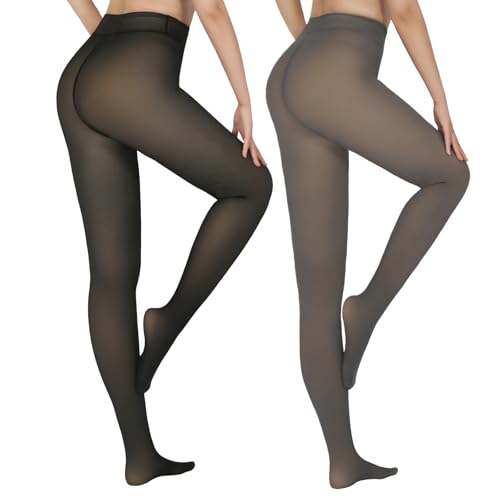 Image of X-CHENG 2 Pairs Fleece Lined Tights Women-Thermal Pantyhose leggings Women,Fake Translucent Skin Colored Tights for Winter