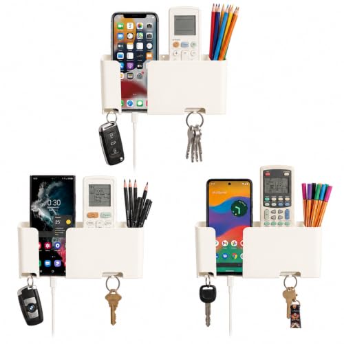 Image of Mobile & Remote Wall Holder | ABS Wall Mount Stand with 3 Compartments for Phone, Remotes & Pens | 2 Key Hooks | No-Drill Mount with Strong Double-Sided Sticker (Milky White) (Pack of 3)