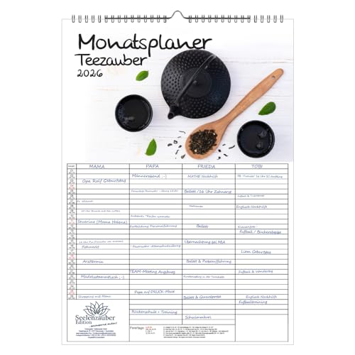 Teezauber Planificador familiar de 4 columnas, DIN A3, calendario para té 2026, juego: 1 calendario, 1 Navidad, 1 colgante de felicitación (3 piezas)