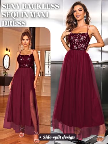 Image of ShawGobow Tulle Prom Dress with Slit,Sequin Backless Long Flowy Dresses for Women,Sexy Sparkly Outfits Homecoming Wedding