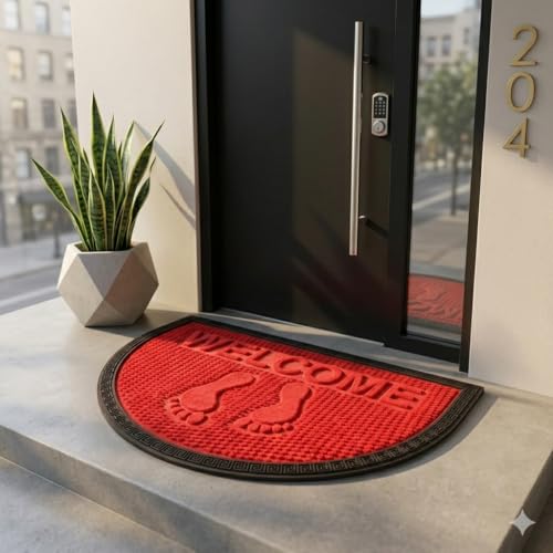Image of Heavy Duty Front Door Mat 45 x 75 cm, Outdoor Indoor Welcome Mat, Non Slip Dirt Trapper Entrance Rug for Entryway, Patio & Porch,Washable Low Profile Foot Mat (Red Foot Mat 45 x 75 Cm)