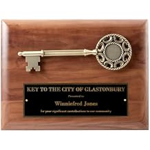 Ceremonial Key to the City Award Plaque 12 x 9 Inch Genuine Walnut Plaque with Mounted Gold Cast Key and Brass Plate with Free Custom Engraving