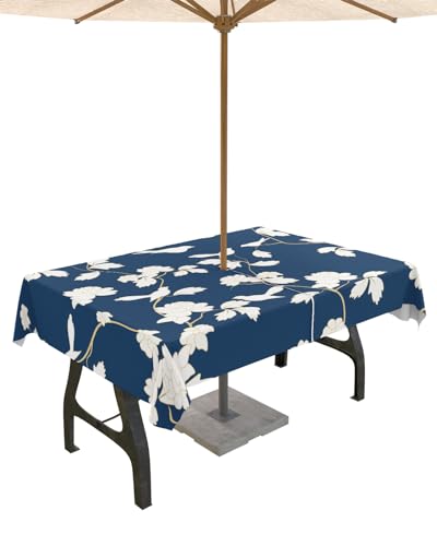 Botanical Birds Outdoor Tablecloths with Umbrella Hole and Zipper, Waterproof/Stain Resistant Rectangle Table Cloth 60x84 Patio Table Cover for Picnic/Party Vintage Navy Blue Flowers Leaves Plants