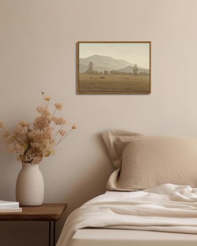 Image of KISSFOX Vintage Landscape Framed Wall Art Grassland Mountain Canvas Wall Art Minimalist Neutral Farmhouse Serene Countryside Paintings Artwork Rustic Art Prints For Bedroom Living Room