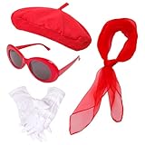 5 Pcs French Red Beret Hat Set Women Girls Costume Accessories Including Scarf Gloves Beret Hat Sunglasses for Halloween (Red)