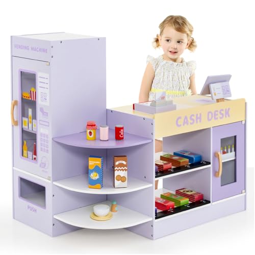 INFANS Kids Grocery Store Playset, Wooden Supermarket Toy Set with Cash Register, Vending Machine, Play Food Accessories, Blackboard, Pretend Play Store Gift for Toddler Boys Girls (Purple)