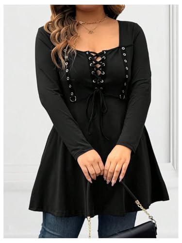 Image of SOLY HUX Women's Plus Size Peplum Tops Lace Up Square Neck Long Sleeve Ruffle Hem Tee Flowy Casual T Shirt