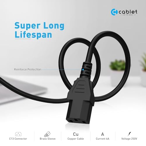 Image of Cablet Desktop Power Cable 3M, 3 Pin CPU Power Cord, Heavy Duty Copper Wire, Universal Power Cable for PC, Monitor, SMPS, Printer (Desktop D30-3 Meter)