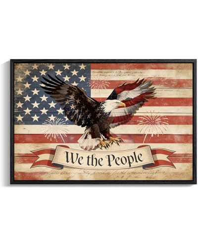 Image of American Flag Framed Canvas Wall Art, 4th of July Red White Blue Canvas Prints, USA Flag with Bald Eagle Patriotic Decorations, Vintage Independence Day Wall Decor for Bedroom Living Room 24x32