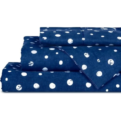 Image of Linen Home 100% Cotton Printed Percale Sheets Cal King Size, Polka Navy