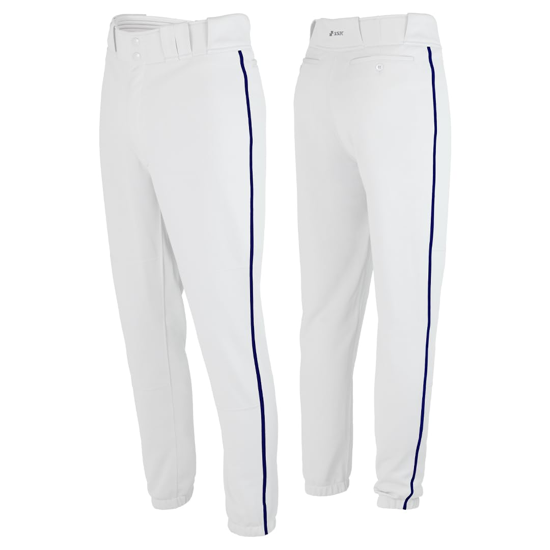SSK Showcase Collection Flex Bottom Adult Baseball Pants | Adult Sizes Solid & Piped (US, Alpha, Small, Regular, Regular, White/Navy)