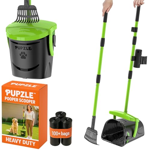 Pupzle Dog Pooper Scooper with Bag Attachment, 40' Long Handle Pooper Scooper for Large Dogs, Dog Poop Scoop for Yard, Large Capacity Swivel Bin and Rake, Lavender Scented Bags (Green)