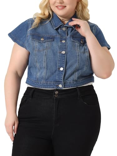 Agnes Orinda Plus Size Short Sleeve Denim Jackets for Women Button Washed Cropped Jean Jacket2