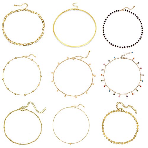 9PCS Gold Choker Necklaces for Women Paperclip Beaded Star Snake Chain Necklace Set (Gold 9pcs Choker)