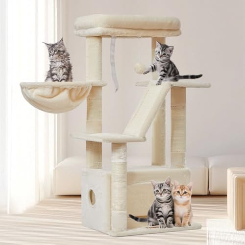 Taoqimiao Kratzbaum, 98cm Katzenbaum Für Wohnungskatzen, Kätzchen MS029SM | Stabiler Kratzbaum mit 4 Kratzsäulen, Kratzbrett, Katzenhaus, Große Liegefläche, Korb, Plüschbälle, Beig