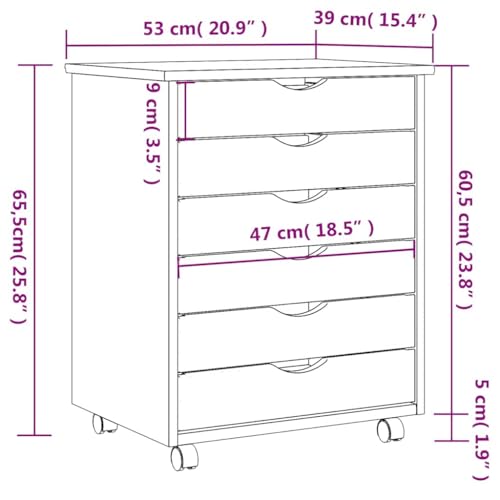 Meuble pin massif blanc gain de place à 6 tiroirs sur roulettes