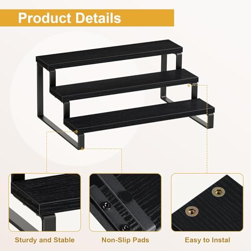 Image of 3 Tier Wooden Spice Rack for Kitchen Countertop -Step Shelf Organizer for Spices, Jars & Condiments | Metal Frame Wood Shelf For Counter Storage - Black (35 x 24 x 15 cm)
