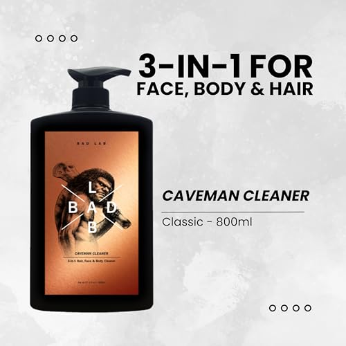 Bad Lab 3-in-1 Caveman Cleaner for Face, Body & Hair | Men’s Shower Gel features Fluidipure™ 8G for Odour & Dandruff Control | Menthol-infused cleanser soothes Irritated Scalp | 800ml