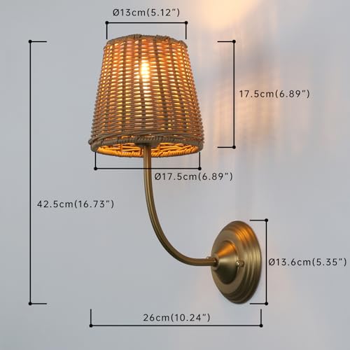 Image of 1-Light Boho Wall Sconce Fixture with Imitation Rattan Woven Shade, Rustic Hardwired Rattan Sconce Wall Lighting for Bedside Hallway Living Room Bedroom