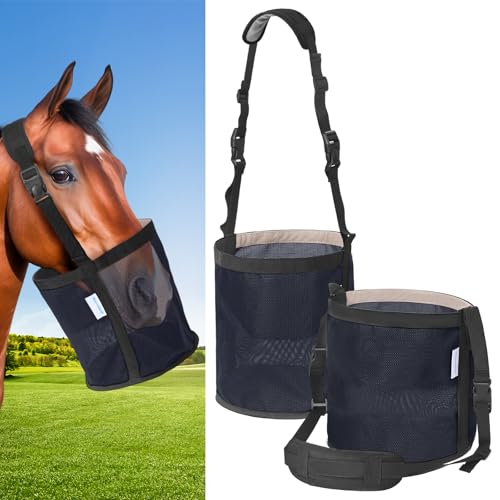 WARMWOW Horse Feed Bag Pack of 2, Feed Bags for Horses with Ventilation Mesh, Comfort Nose Pad Neck Pad, Adjustable Strap, Spill Proof Design for Independent Feeding Grain, Supplements (Black Blue)
