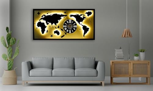 Image of METSY World map with Clock wall Hanging Metal Art Black and White Light for Office Restaurant World Map Metal Wall Decor Art 3D Home Office Bedroom Living Room Outdoor (Black & White) 62x122 cm