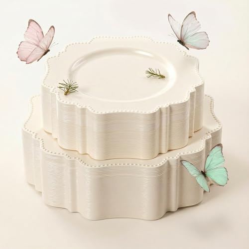 COLOSUS 60pcs Ivory Plastic Plates -Elegant Plastic Plates Heavy Duty Cream Disposable Plates for Party Include 30 pcs Dinner Plate and 30 pcs Dessert Plate for Wedding/birthday/baby shower