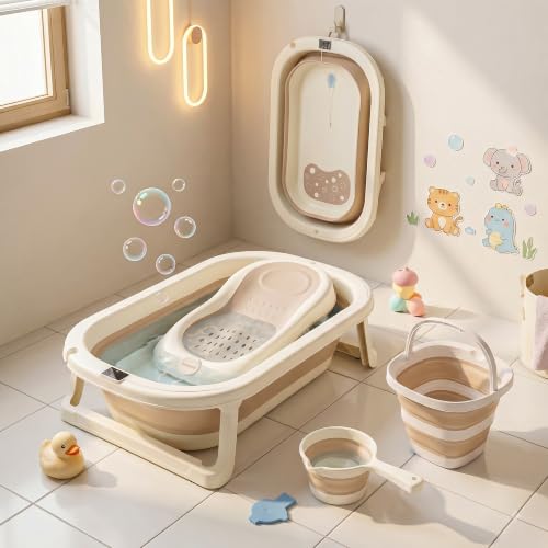 Image of Baybee Aquabee Baby Bath Tub Set for Kids | Portable Bathing Tub with Temperature Sensing | Foldable Bucket & Mug | Bath Seat Chair | Multi-Purpose Bathtub for Baby Bather for 0 to 5 Years (Beige)
