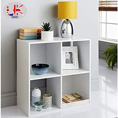 Image of Wooden Storage Shelving Unit Bookcase Home Office Use Display Furniture Living Room Decor Easy to Build (4 Cube Shelf-White)