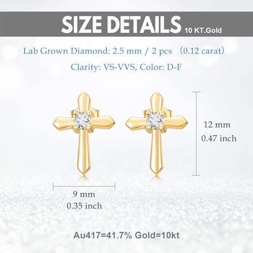 10k Gold 0.12 ct Lab Grown Diamond Cross Stud Earrings for Women, 10kt Gold Religious Earrings for Her4
