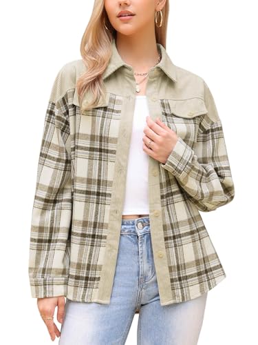 Allegra K Flannel Shirt for Women Button Down Color Block Corduroy Jacket Long Sleeve Plaid Shirts