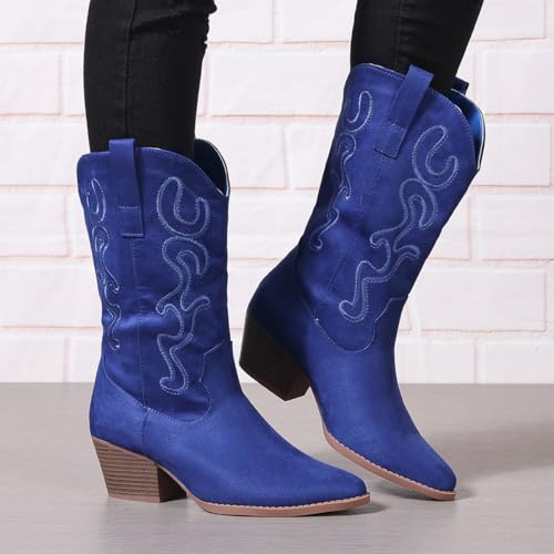 Cowboy Boots for Women Cowgirl Mid Calf Western Style Embroidery Stitched Low Chunky Heel Ladies Fashion Boots, US Size 5-114