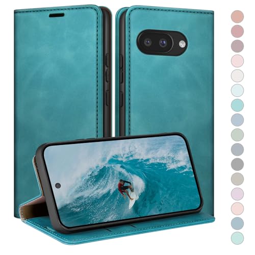 Coque pour Google Pixel 9A HUOUH en cuir premium avec fentes pour cartes vert d'eau