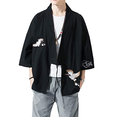 Image of PRIJOUHE Men's Kimono Jackets Cardigan Lightweight Casual Cotton Blends Linen Seven Sleeves Open Front Coat Outwear