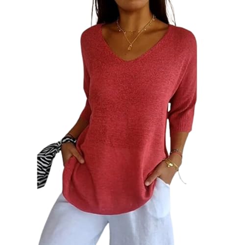 Solid Color Knitted V-Neck Top, V-Neck Three-Quarter Sleeves Solid Color Knitted Bottoming Shirt