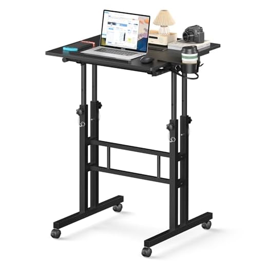 Enayplon Small Standing Desk with Wheels, Mobile Stand Up Desk, Portable Standing Table on Wheels for Walking Pad, Rolling Computer Desk Adjustable Height, Tall Table