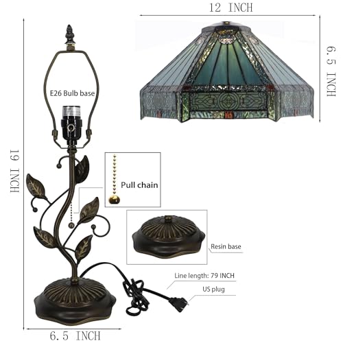 Image of Tiffany Table Lamp, Stained Glass Desk Light, W12H19 Inch, Metal Leaf Base (Mission Style)