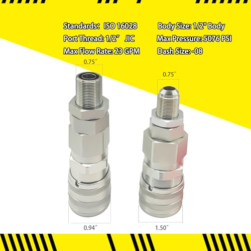 Image of 1 /2'' Flat Face Hydraulic Quick Connect Coupler Set for Skid Steer 440 440B 443 453, 16028 Heavy-Duty Carbon Steel Fittings with #8 JIC Bulkhead and Dust Cap-2pcs