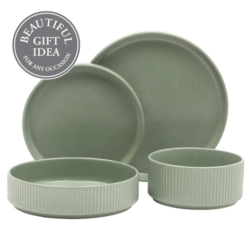 Image of Gibson Elite Deerfield 16-Piece Stoneware Dinnerware Set - Matte Green Stackable Plates and Bowls, Reactive Glaze Finish, Service for 4 - Microwave & Dishwasher Safe