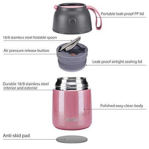 Image of Insulated Food Jar for Hot & Cold Food for Kids Adult,17 oz Soup Thermo Hot Food Containers for Lunch, Triple Layer Insulation Stainless Steel Food Jar with Spoon (Pink)