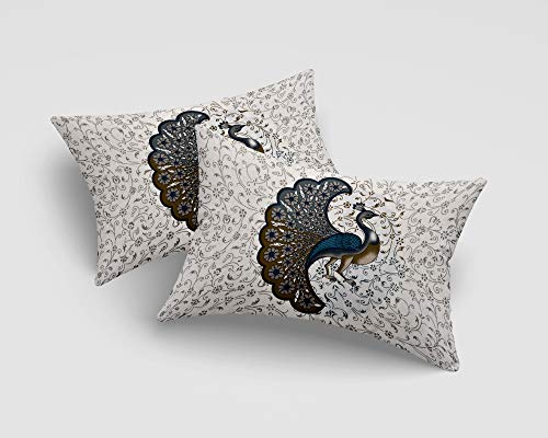 Image of 104 TC Pure Cotton Peacock Print Rajasthani Jaipuri Traditional Sanganeri Bedsheet with 2 Pillow Covers (Grey, Full Size)